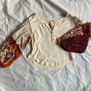 Free People Bohemian Cream Top with Multicolor Puff Sleeves